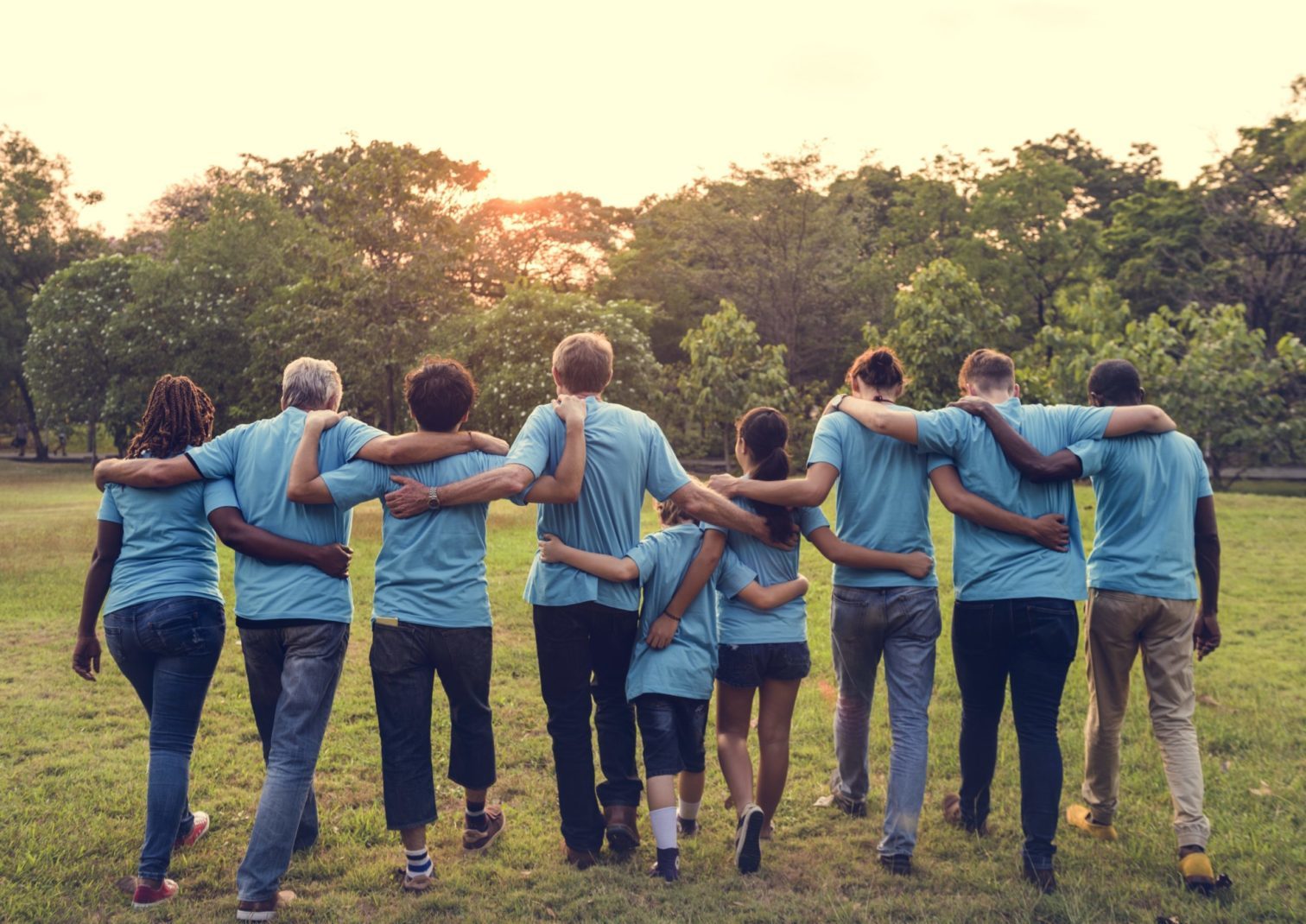 people with blue t-shirts.